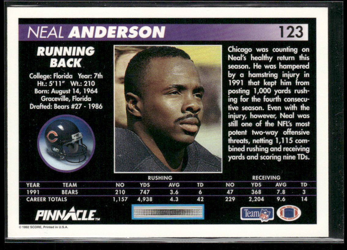 Neal Anderson 1992 Pinnacle #123 Chicago Bears