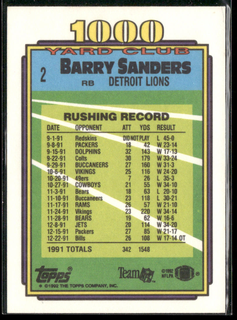 Barry Sanders 1992 Topps 1000 Yard Club #2 Detroit Lions back
