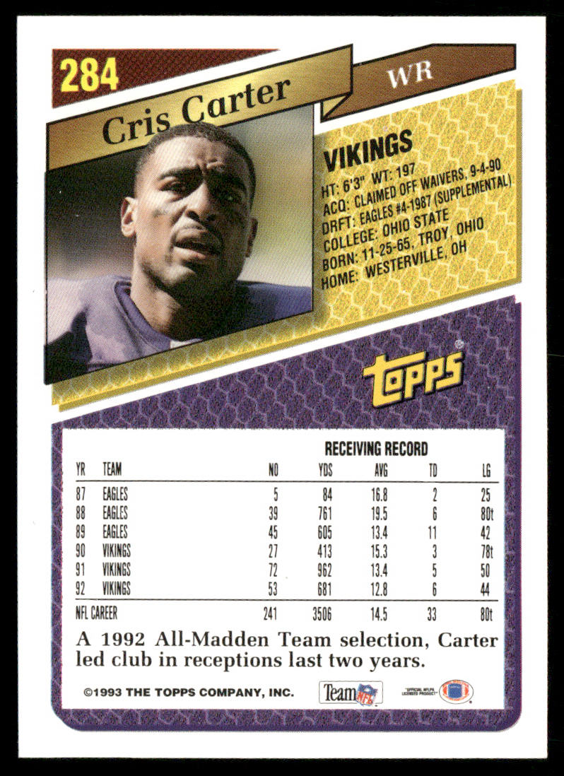 Cris Carter 1993 Topps #284 Minnesota Vikings