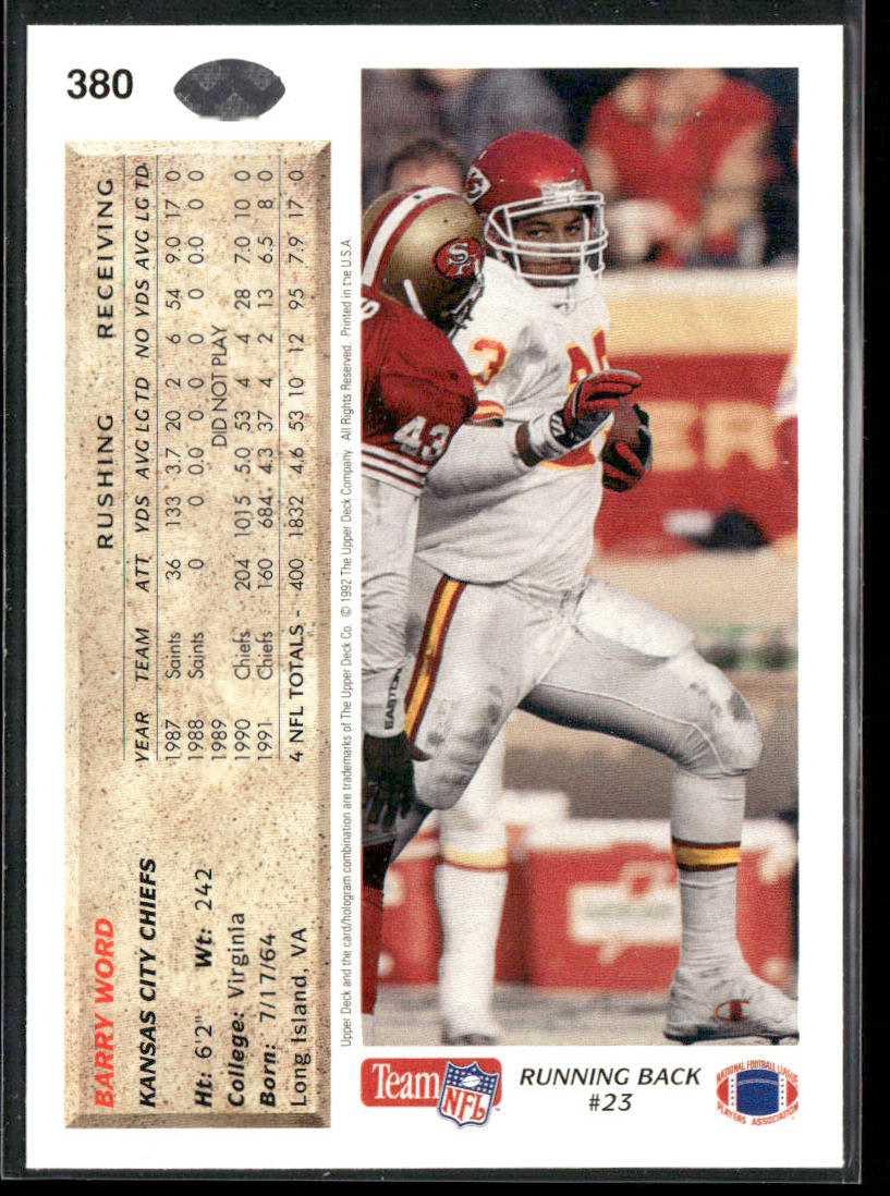 Barry Word 1992 Upper Deck #380 Kansas City Chiefs