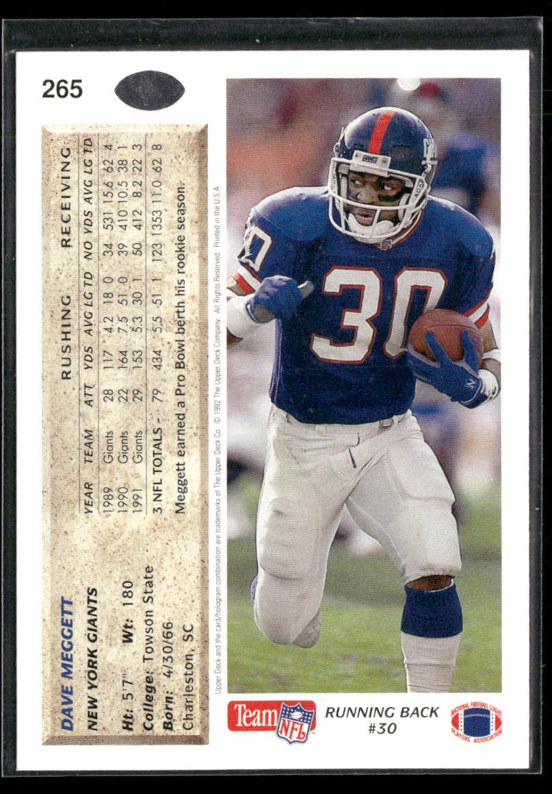 Dave Meggett 1992 Upper Deck #265 New York Giants