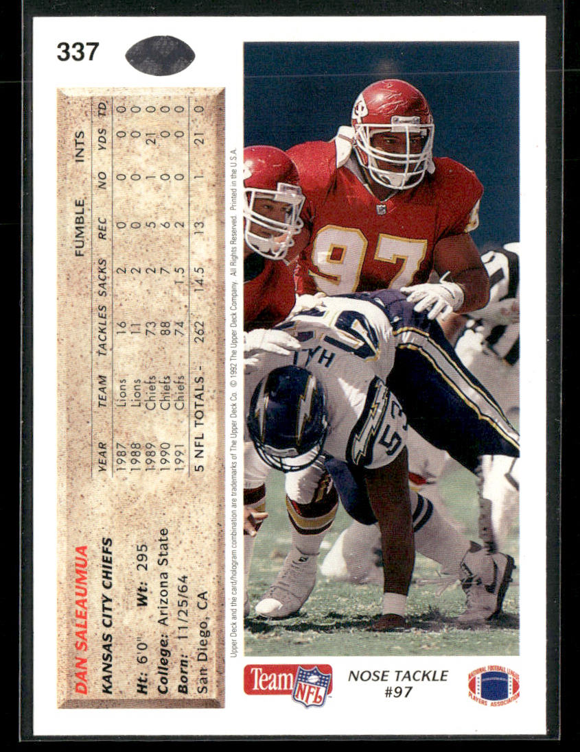 Dan Saleaumua 1992 Upper Deck #337 Kansas City Chiefs