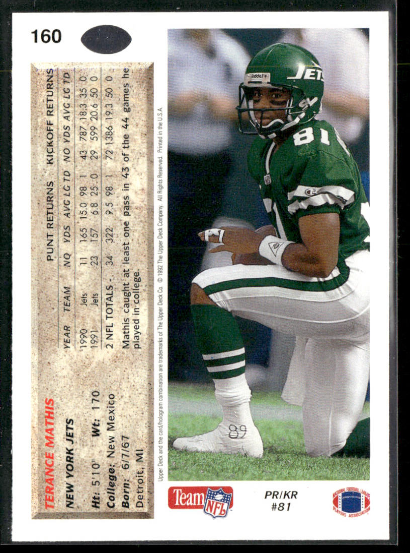 Terance Mathis 1992 Upper Deck #160 New York Jets