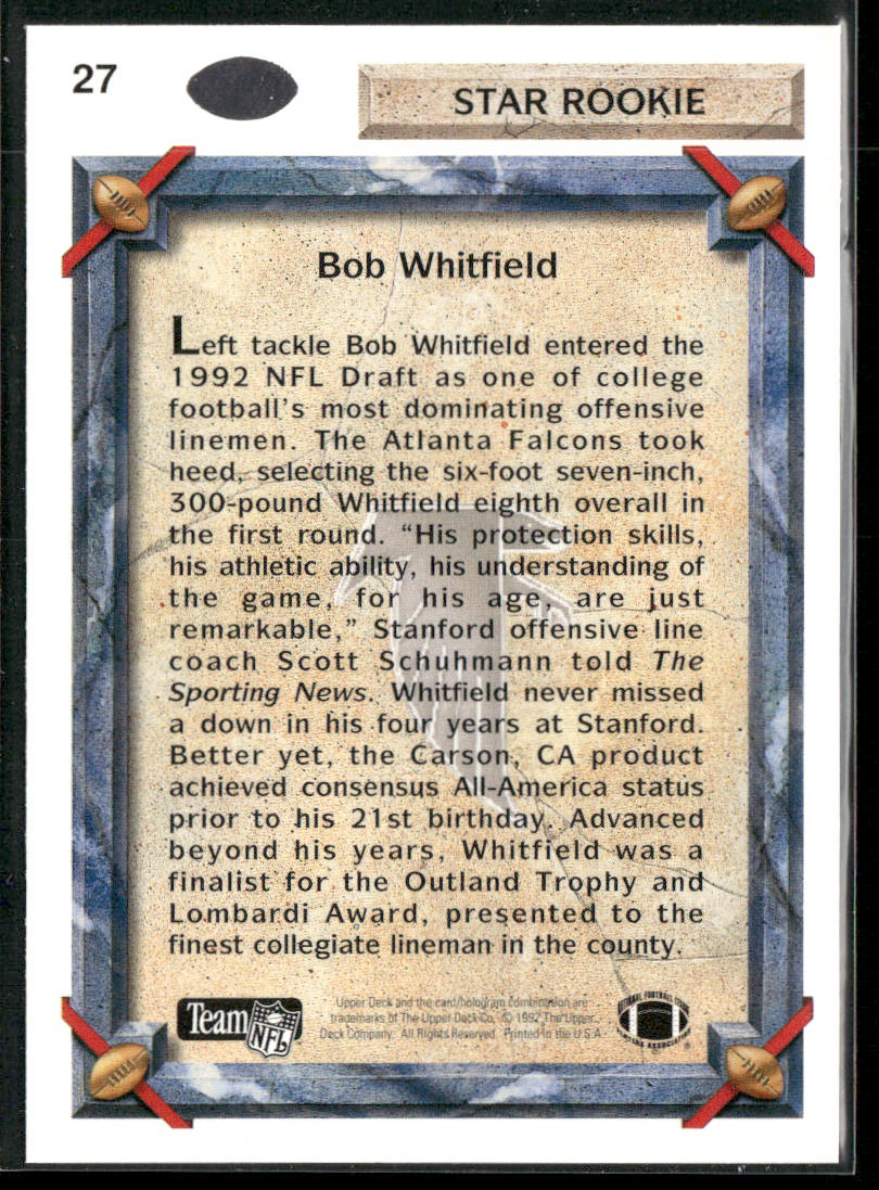 Bob Whitfield 1992 Upper Deck #27 RC Atlanta Falcons