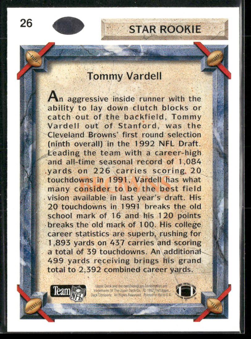 Tommy Vardell 1992 Upper Deck #26 RC Cleveland Browns