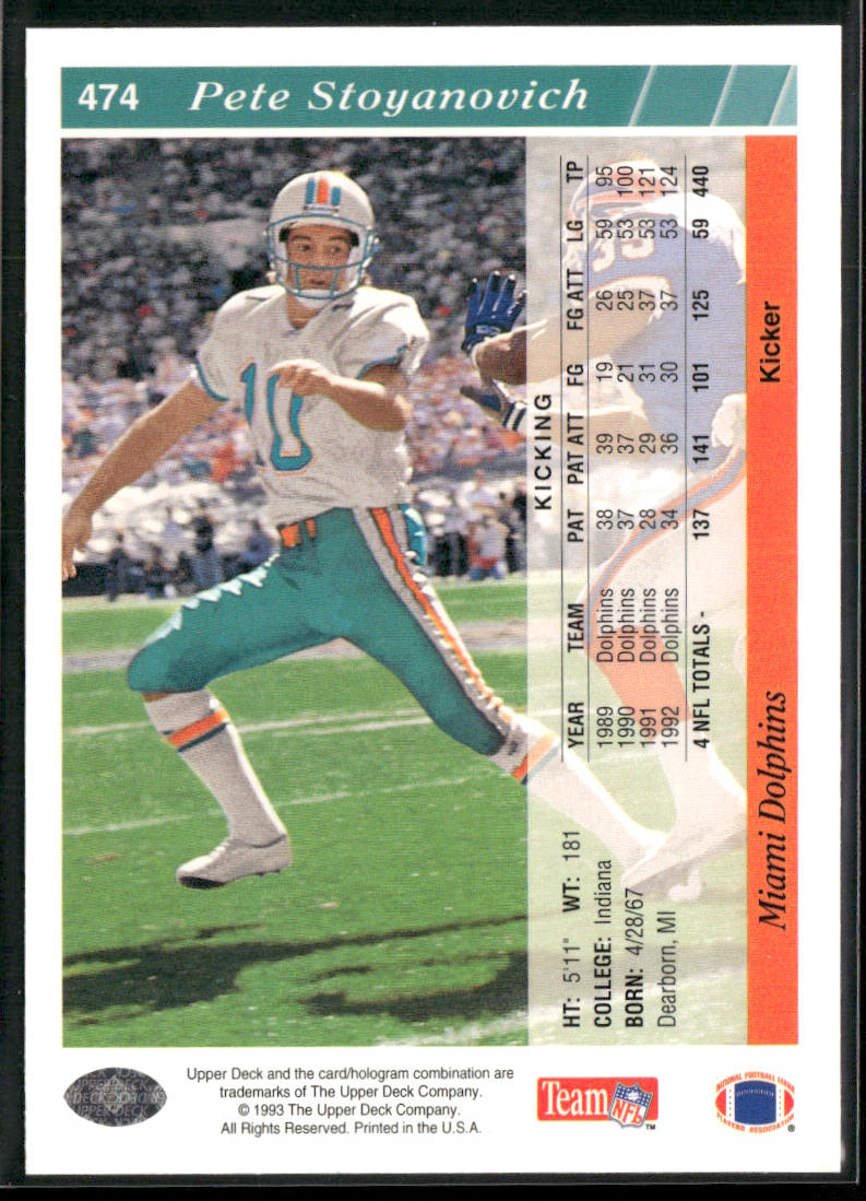 Pete Stoyanovich 1993 Upper Deck #474 Miami Dolphins