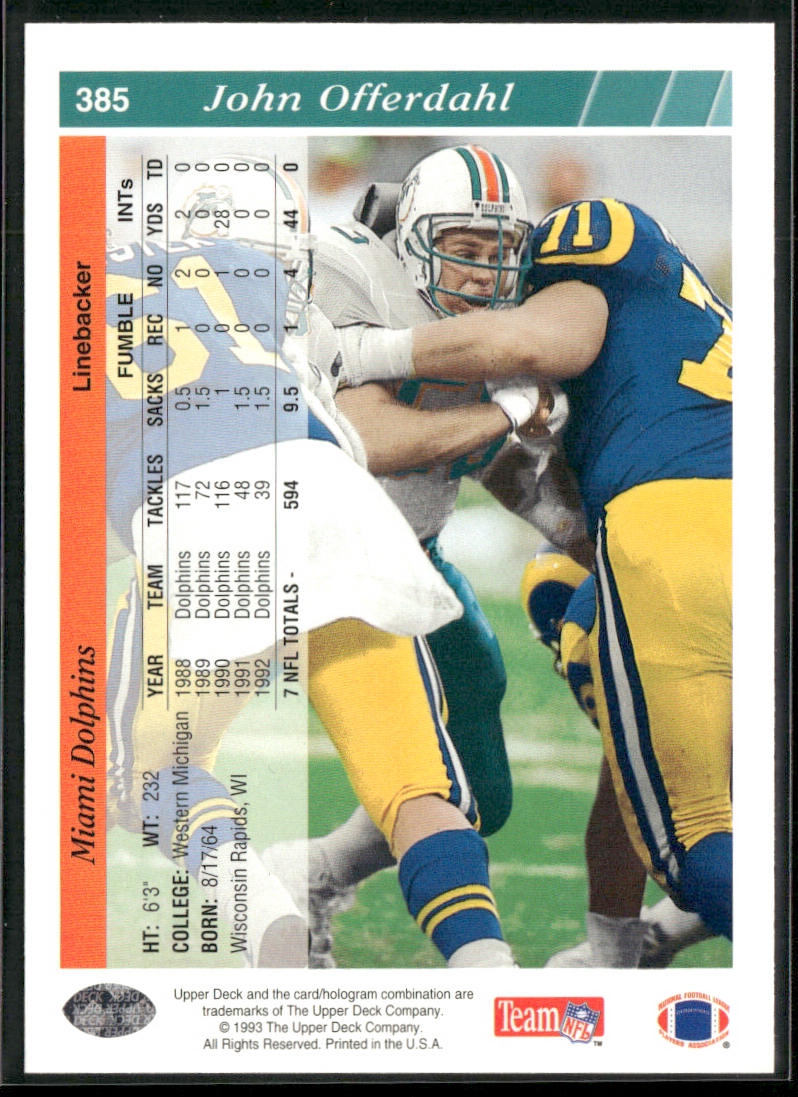 John Offerdahl 1993 Upper Deck #385 Miami Dolphins