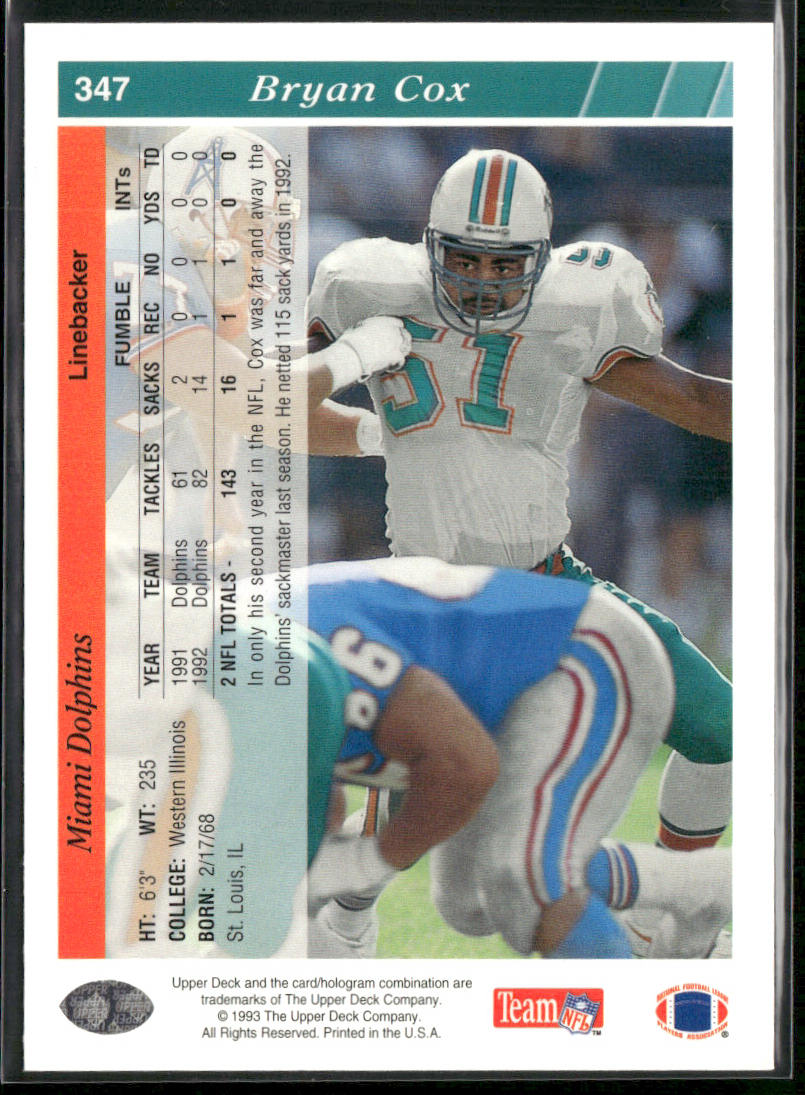 Bryan Cox 1993 Upper Deck #347 Miami Dolphins