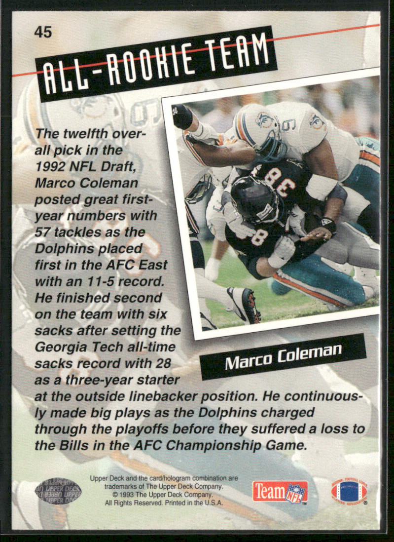 Marco Coleman 1993 Upper Deck #45 Miami Dolphins