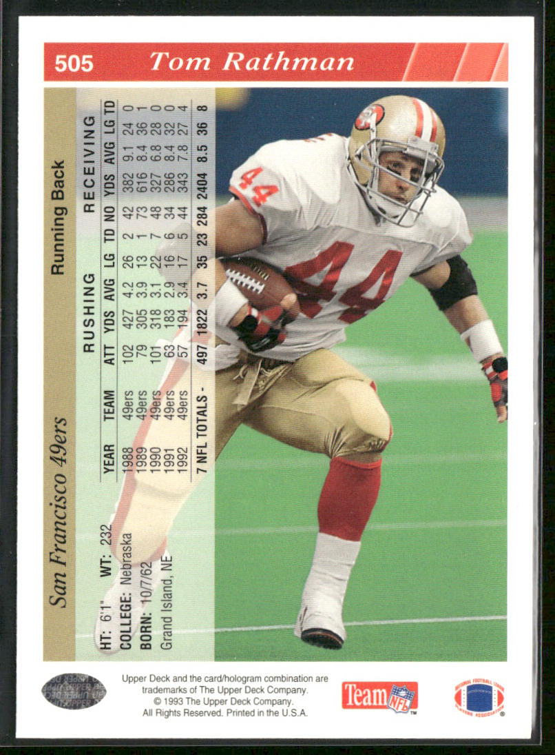 Tom Rathman 1993 Upper Deck #505 San Francisco 49ers