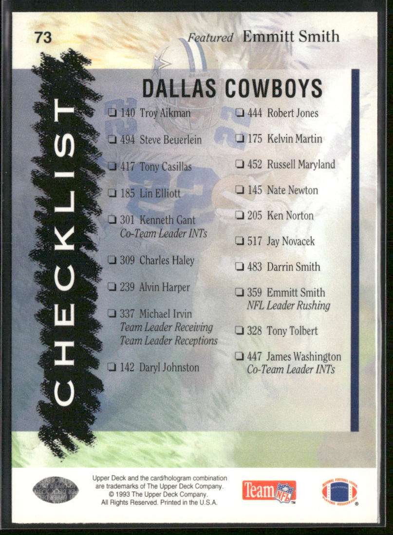 Cowboys Checklist 1993 Upper Deck #73 Dallas Cowboys