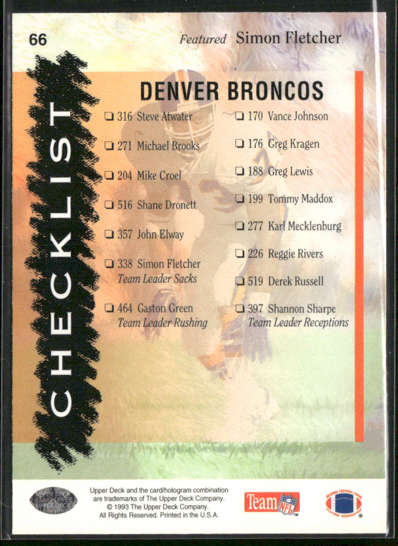 Broncos Checklist 1993 Upper Deck #66 Denver Broncos