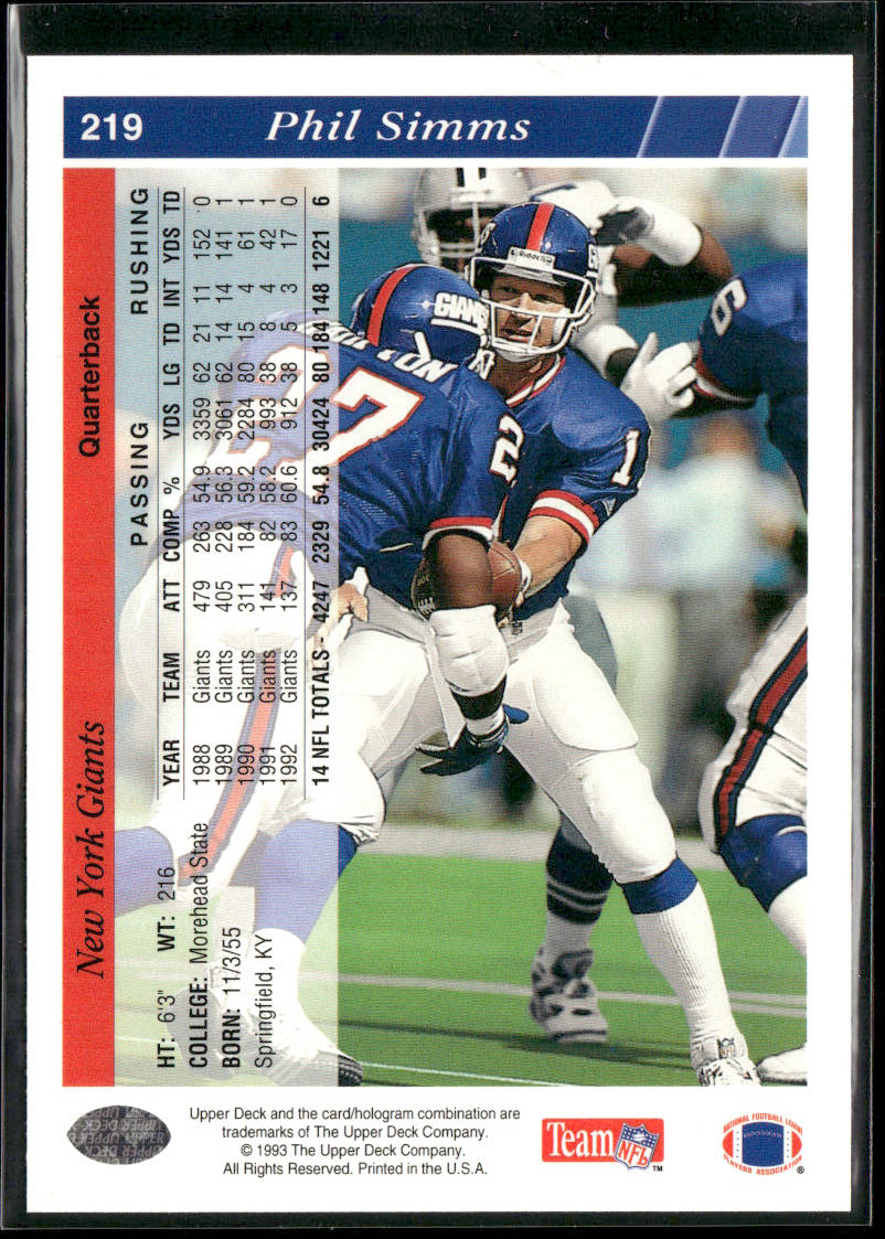 Phil Simms 1993 Upper Deck #219 New York Giants