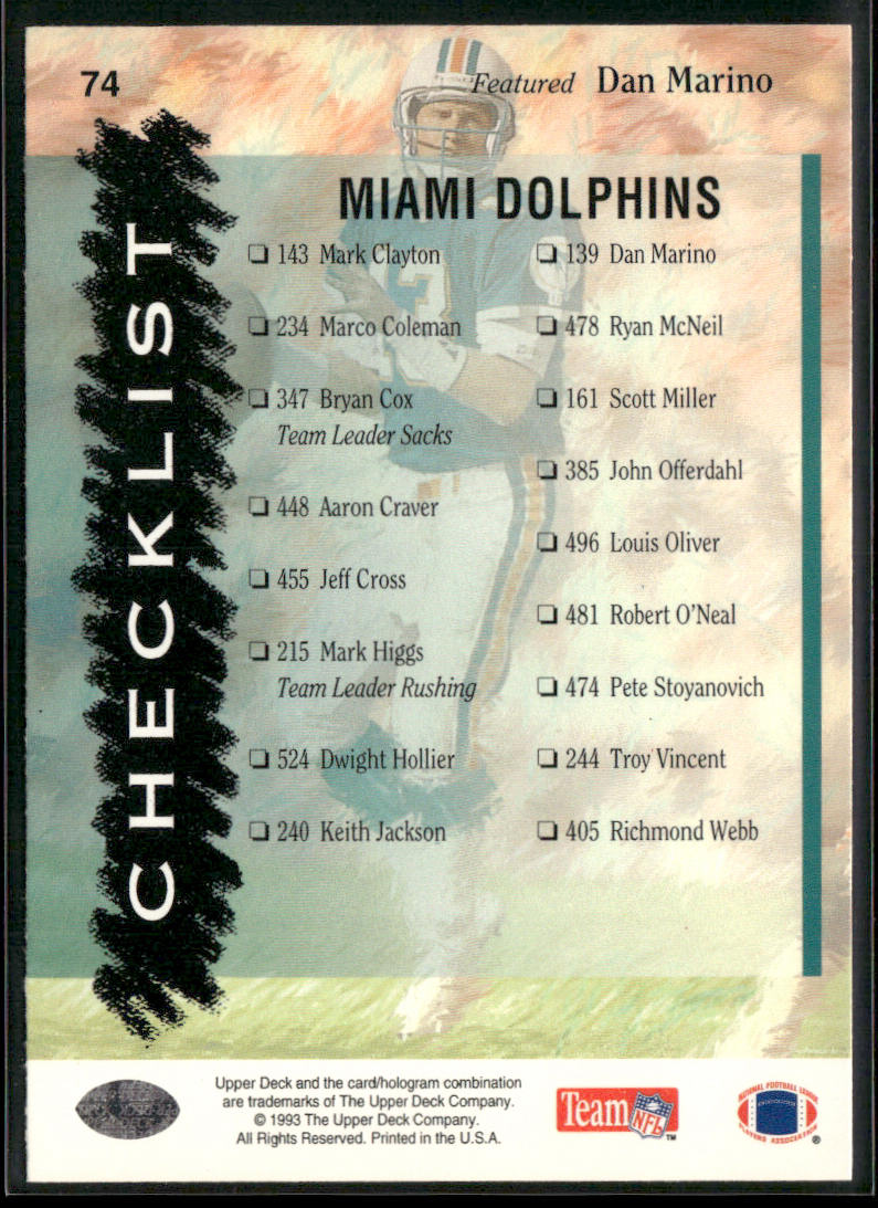Dolphins Checklist 1993 Upper Deck #74 Miami Dolphins