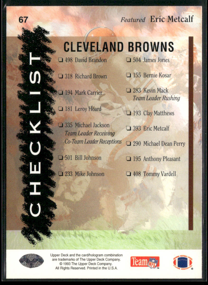 Browns Checklist 1993 Upper Deck #67 Cleveland Browns