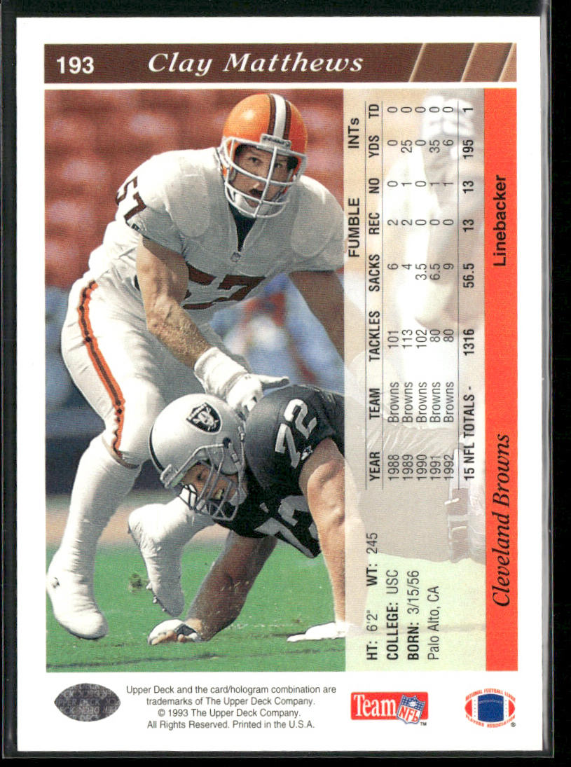 Clay Matthews 1993 Upper Deck #193 Cleveland Browns