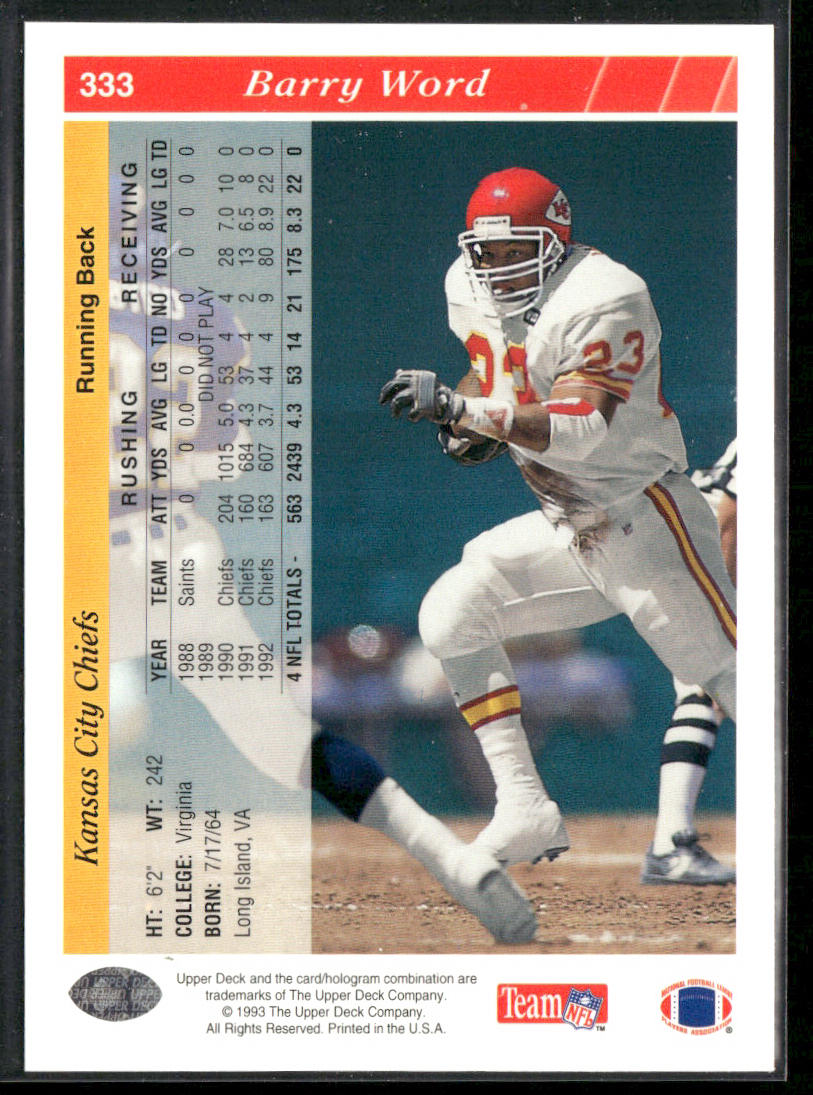 Barry Word 1993 Upper Deck #333 Kansas City Chiefs