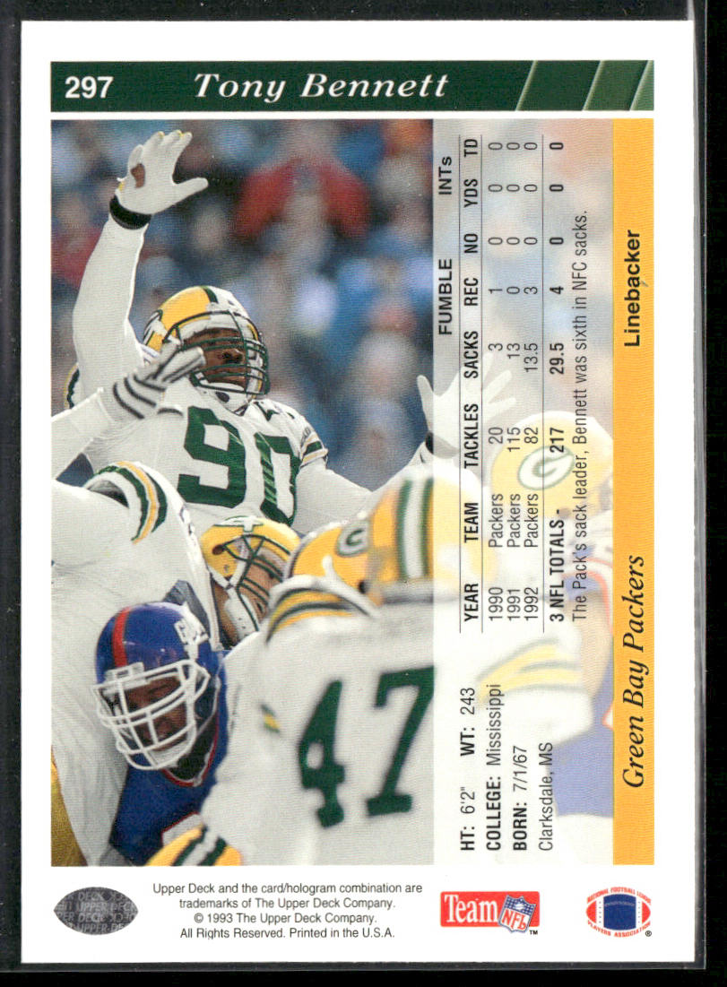 Tony Bennett 1993 Upper Deck #297 Green Bay Packers