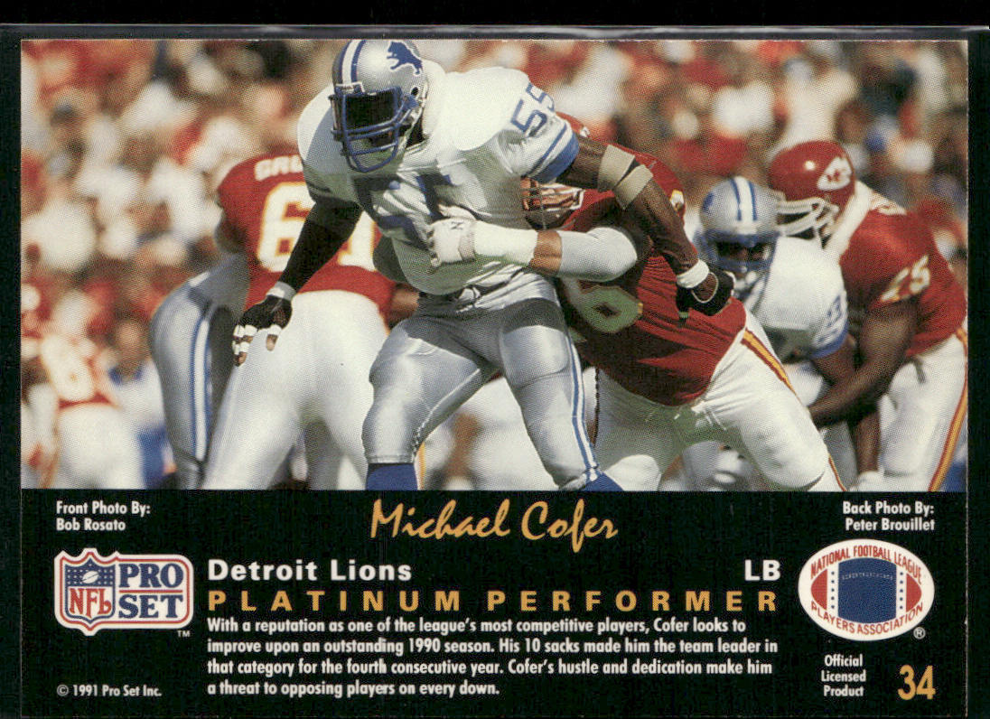Michael Cofer 1991 Pro Set Platinum #34 Detroit Lions