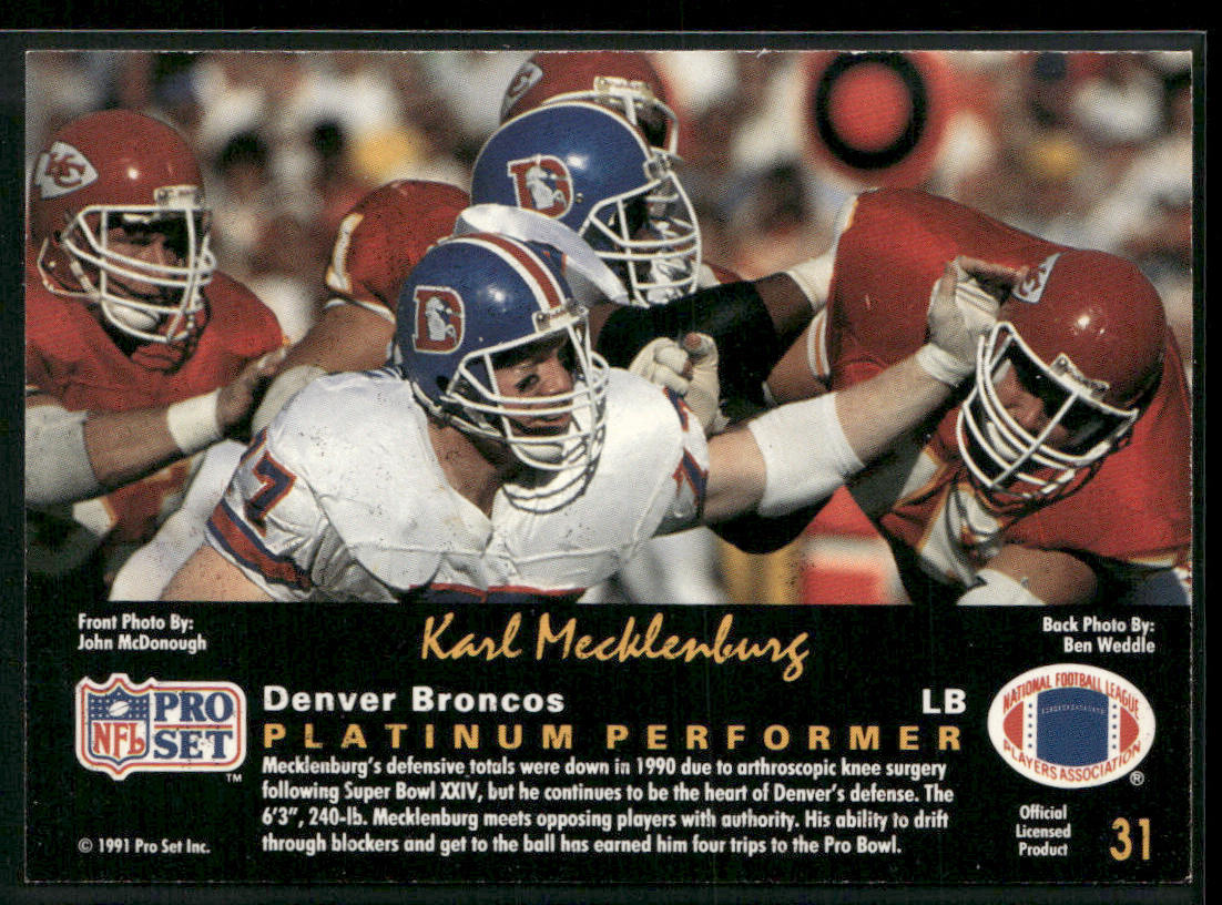Karl Mecklenburg 1991 Pro Set Platinum #31 Denver Broncos