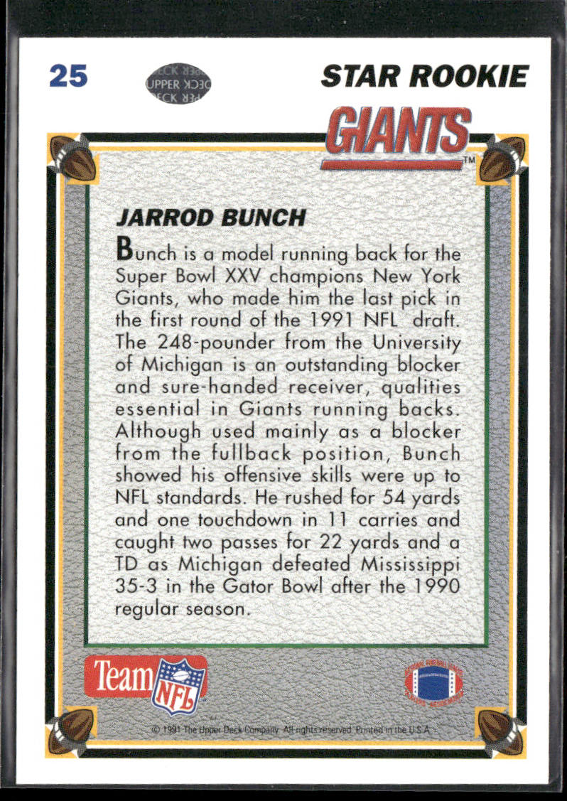 Jarrod Bunch 1991 Upper Deck #25b RC New York Giants
