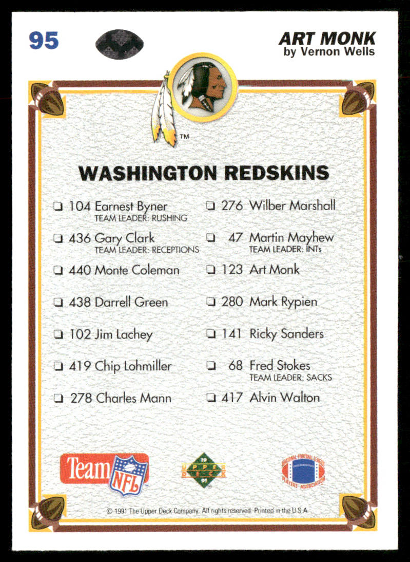 Art Monk 1991 Upper Deck #95c Washington Redskins