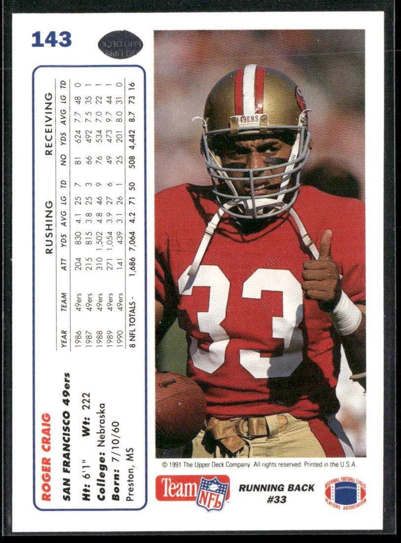 Roger Craig 1991 Upper Deck #143c San Francisco 49ers