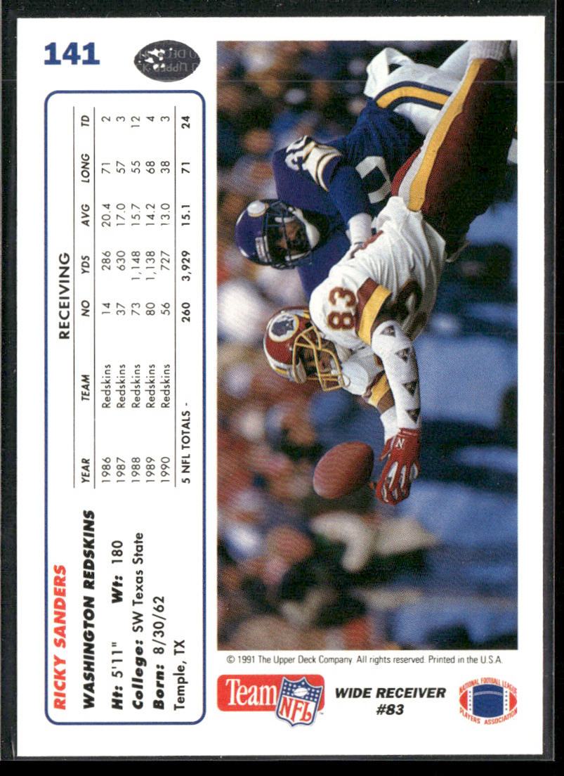 Ricky Sanders 1991 Upper Deck #141 Washington Redskins