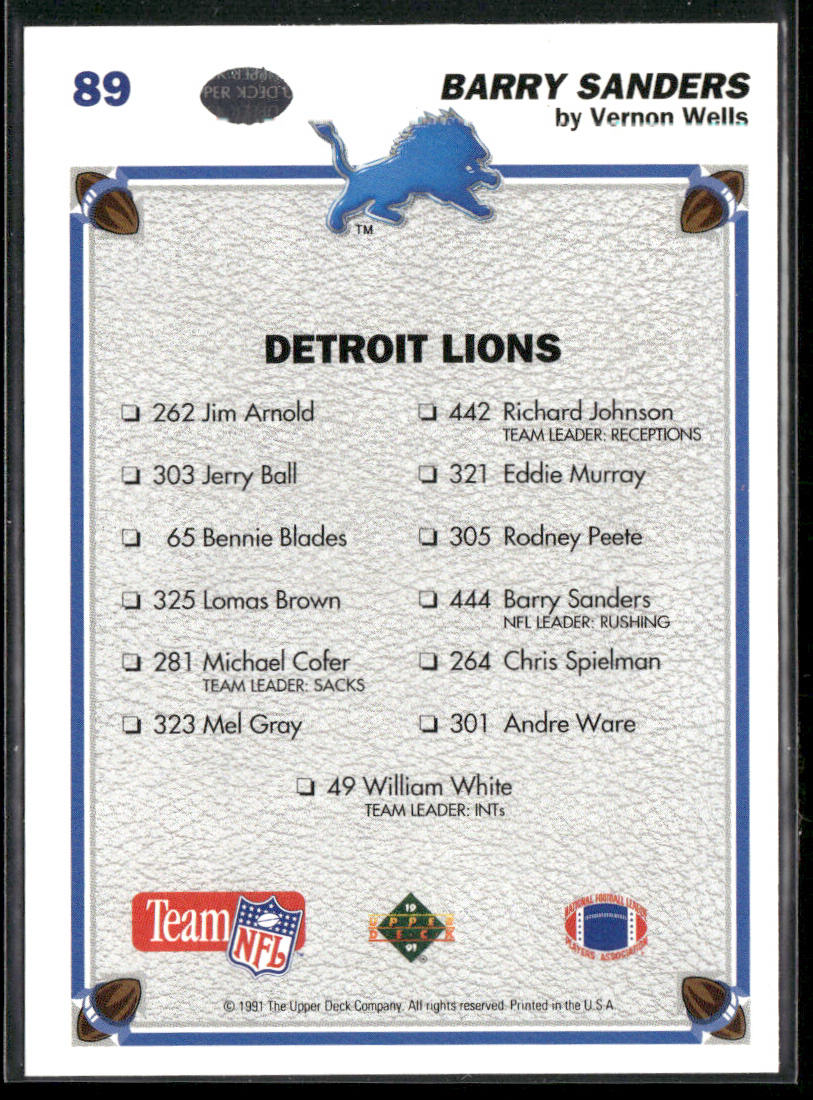 Barry Sanders 1991 Upper Deck #89b Detroit Lions
