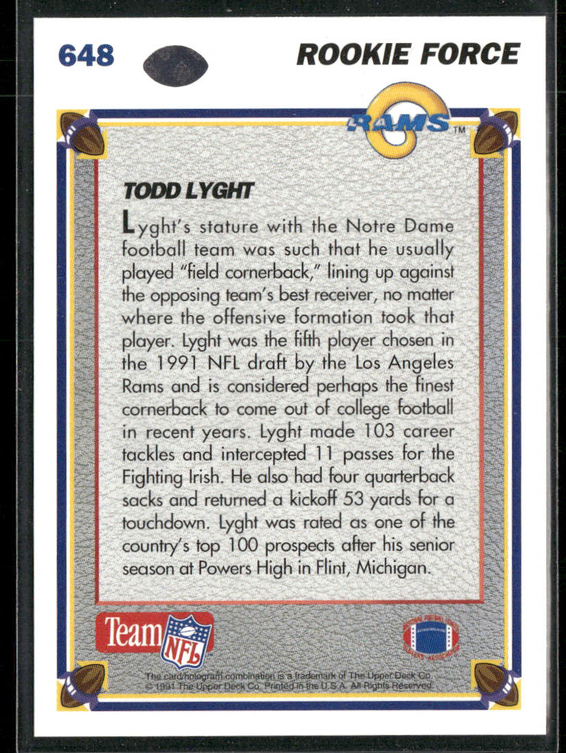 Todd Lyght 1991 Upper Deck #648 Los Angeles Rams