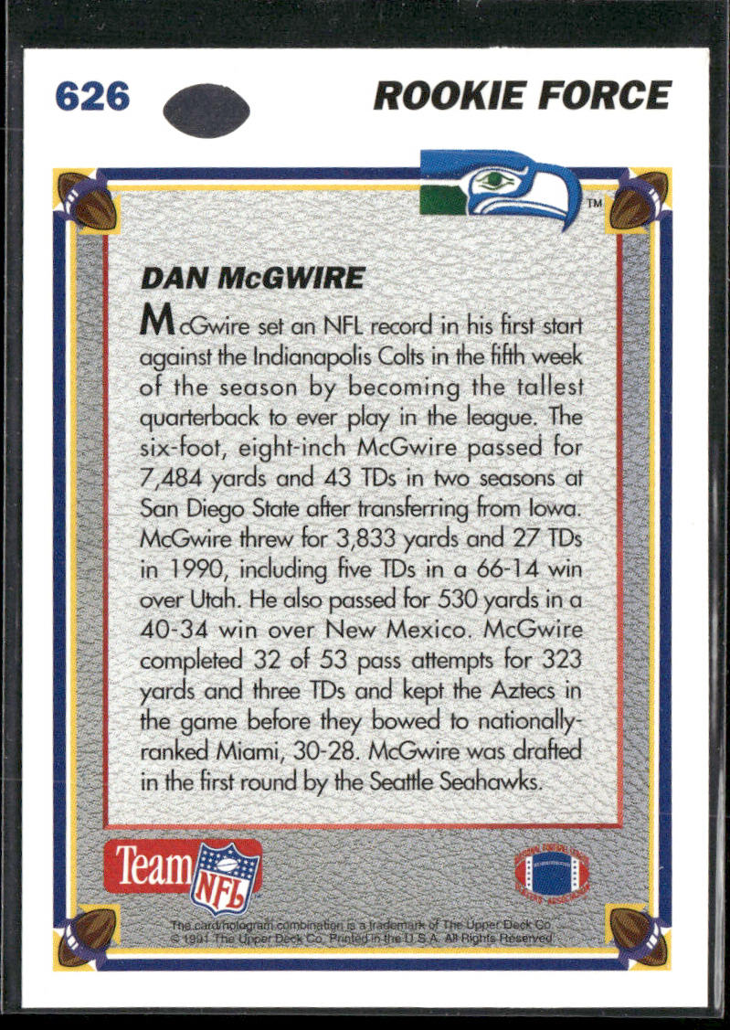 Dan McGwire 1991 Upper Deck #626b Seattle Seahawks