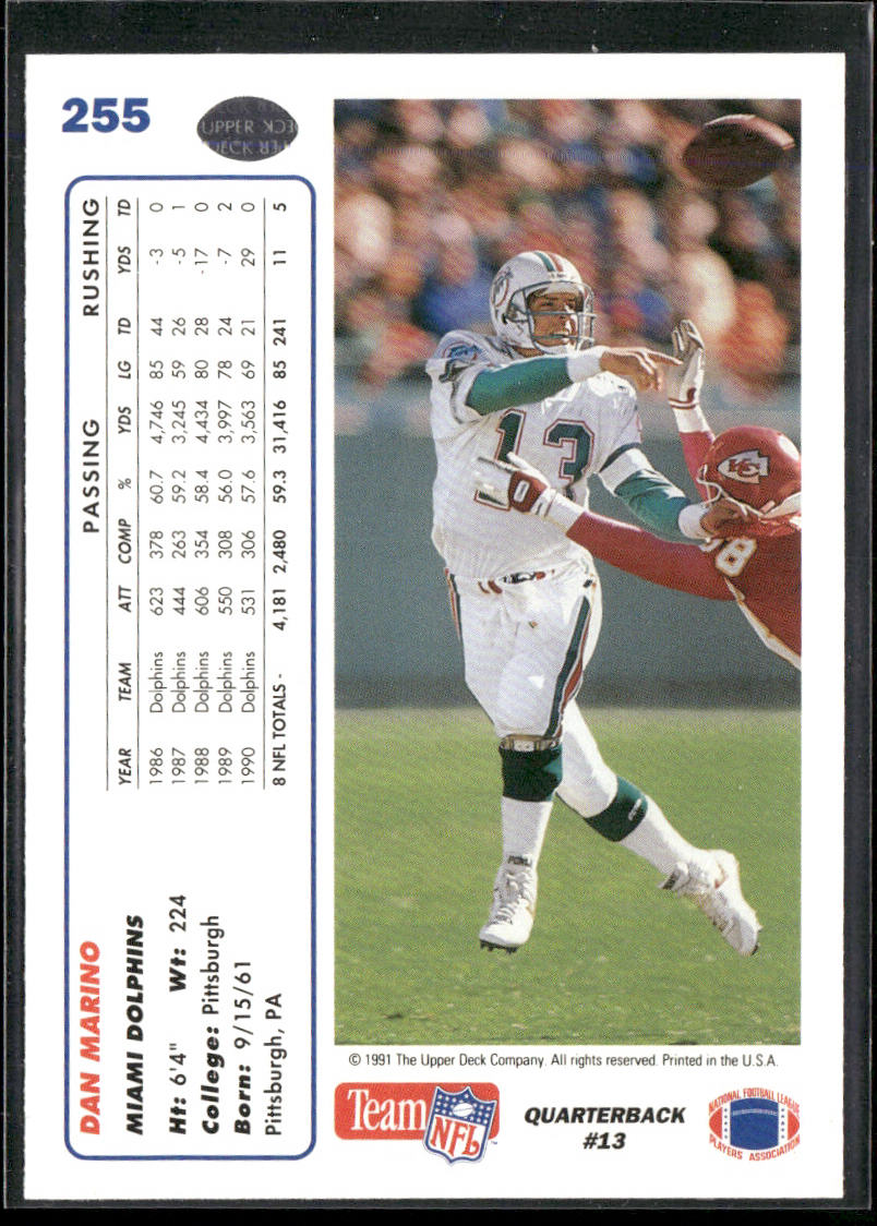 Dan Marino 1991 Upper Deck #255b Miami Dolphins