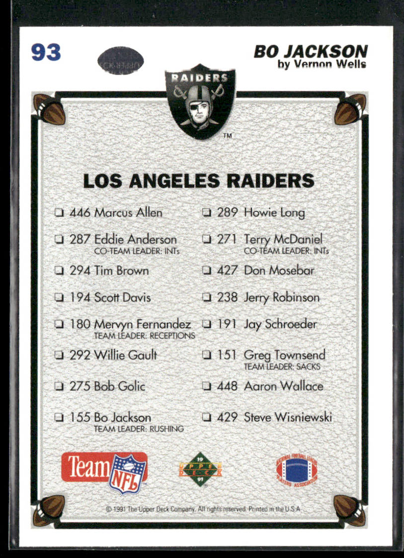 Bo Jackson 1991 Upper Deck #93c Los Angeles Raiders back