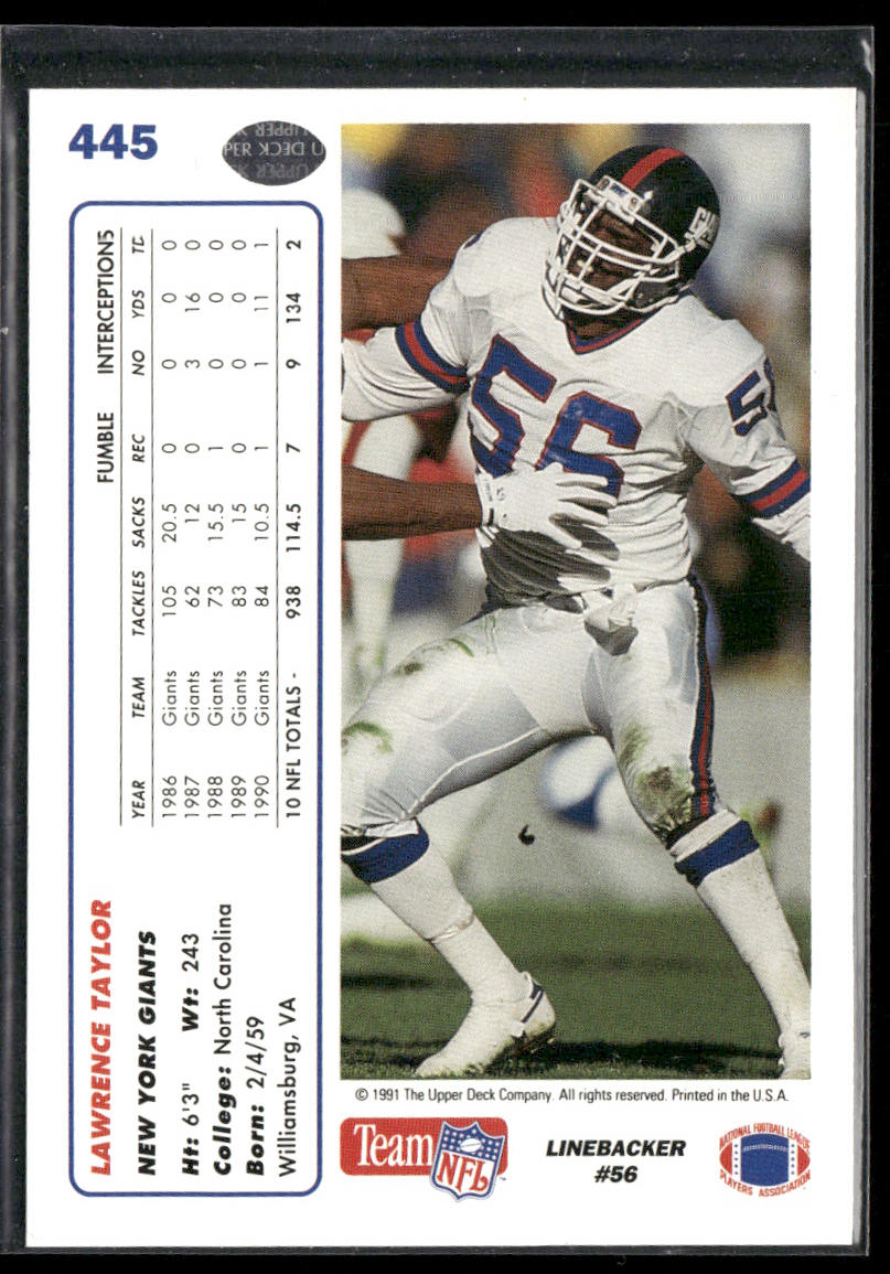 Lawrence Taylor 1991 Upper Deck #445 New York Giants back