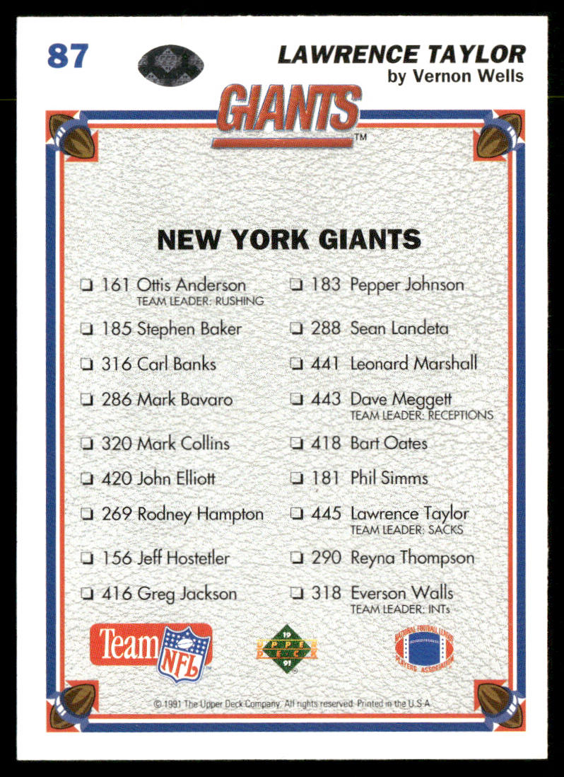 Lawrence Taylor 1991 Upper Deck #87b New York Giants