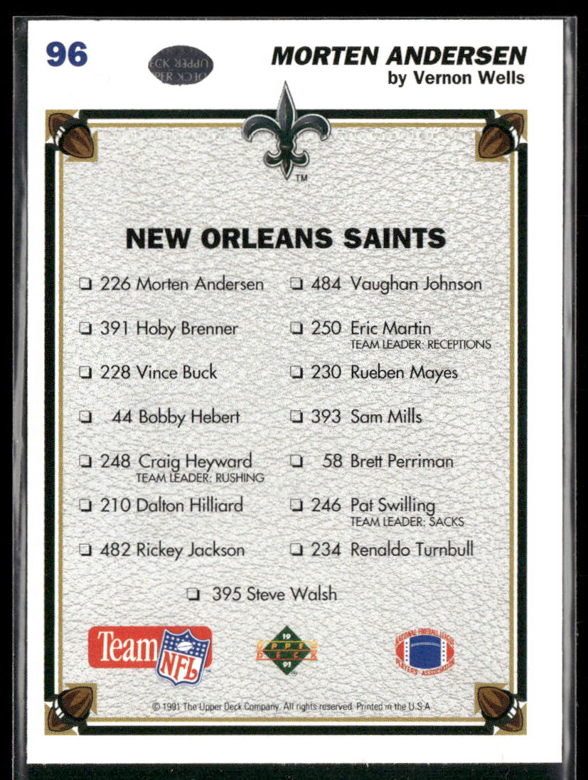 Morten Andersen 1991 Upper Deck #96 New Orleans Saints back