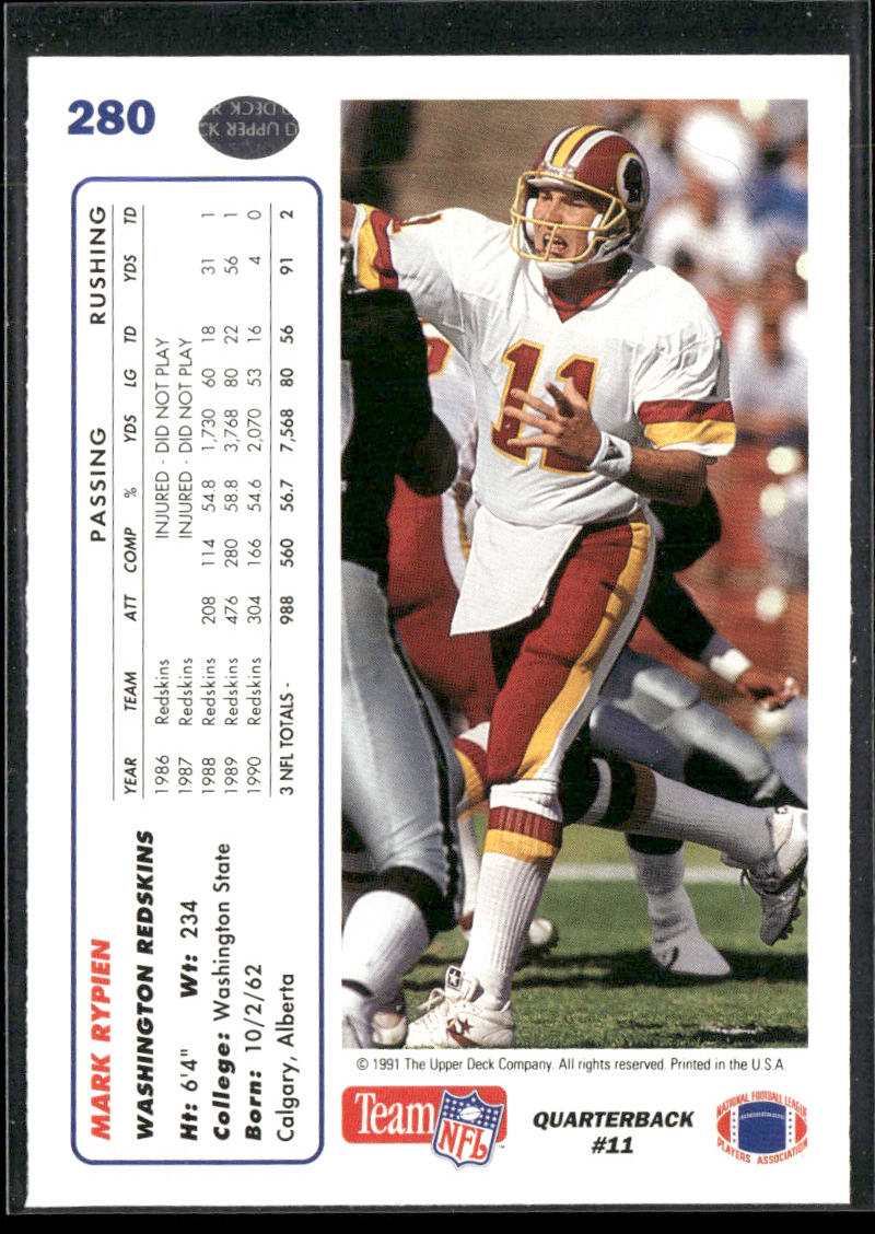 Mark Rypien 1991 Upper Deck #280b Washington Redskins