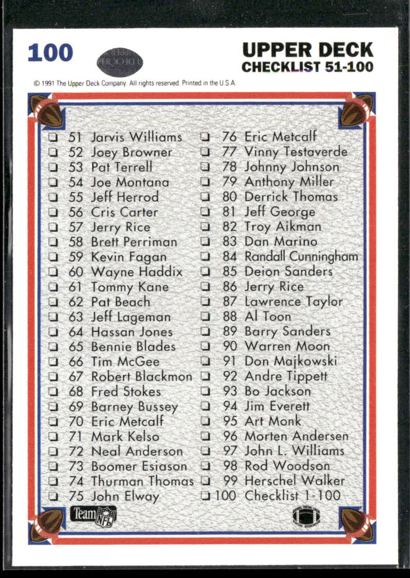 Checklist: 1-100 1991 Upper Deck #100b