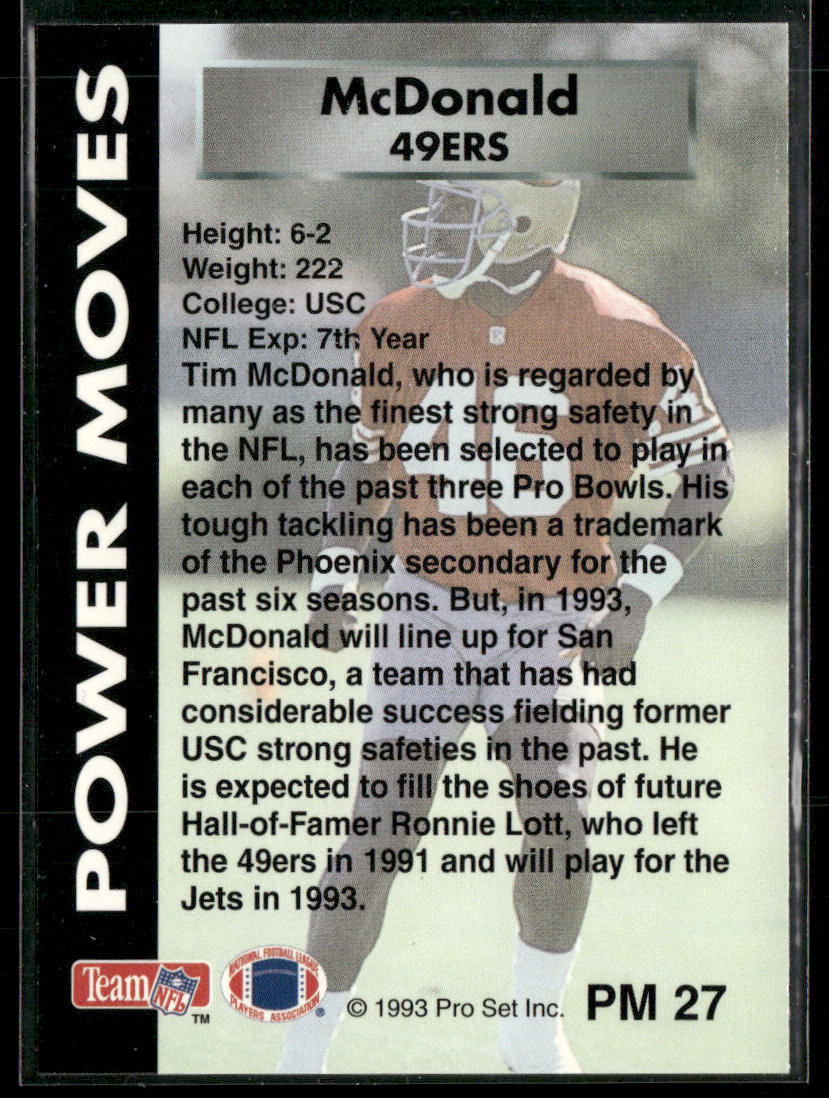 Tim McDonald 1993 Pro Set Power Power Moves #PM27 San Francisco 49ers