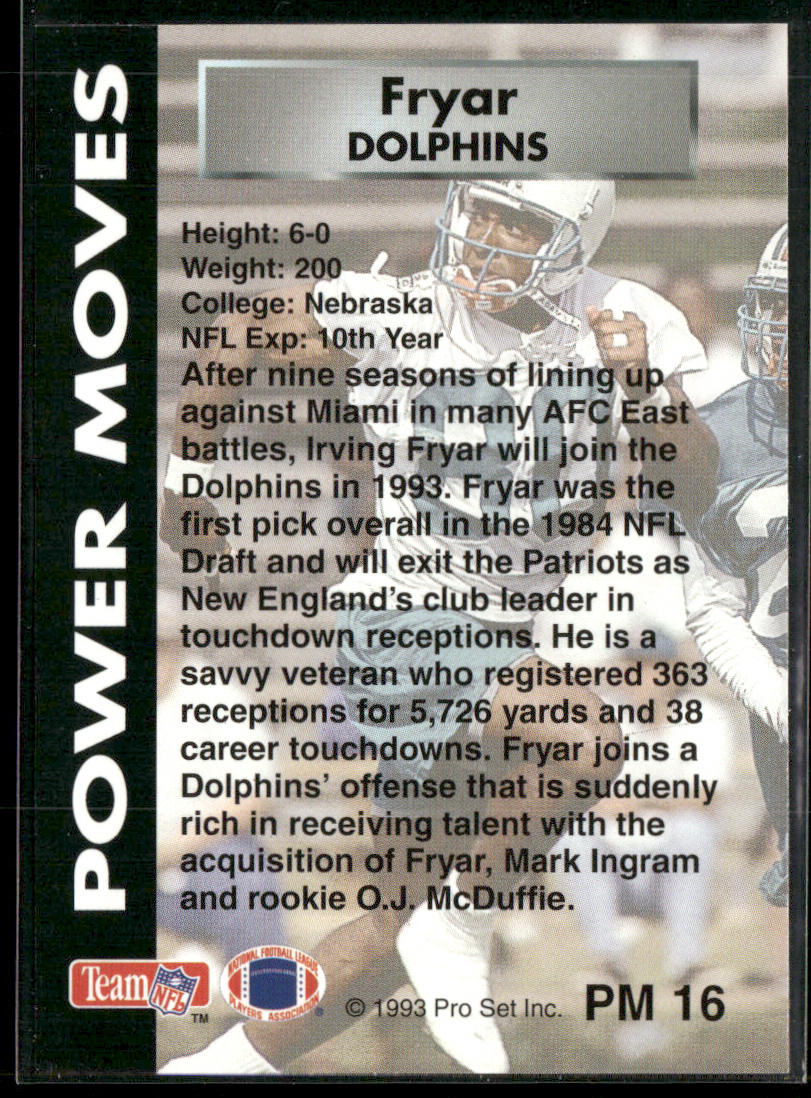 Irving Fryar 1993 Pro Set Power Power Moves #PM16 Miami Dolphins