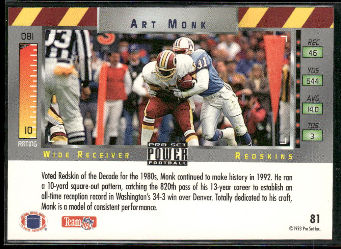 Art Monk 1993 Pro Set Power #81 Washington Redskins