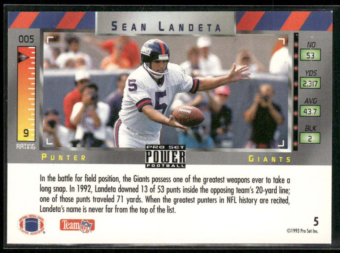 Sean Landeta 1993 Pro Set Power #5 New York Giants