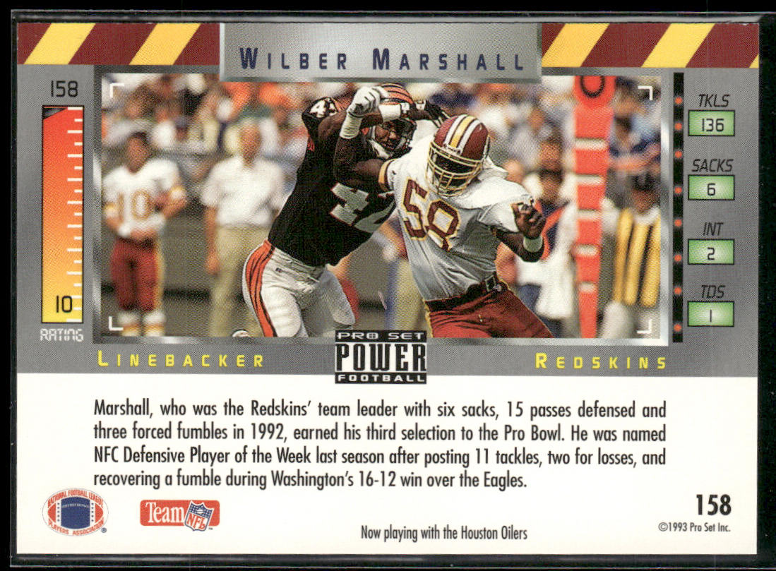 Wilber Marshall 1993 Pro Set Power #158 Washington Redskins