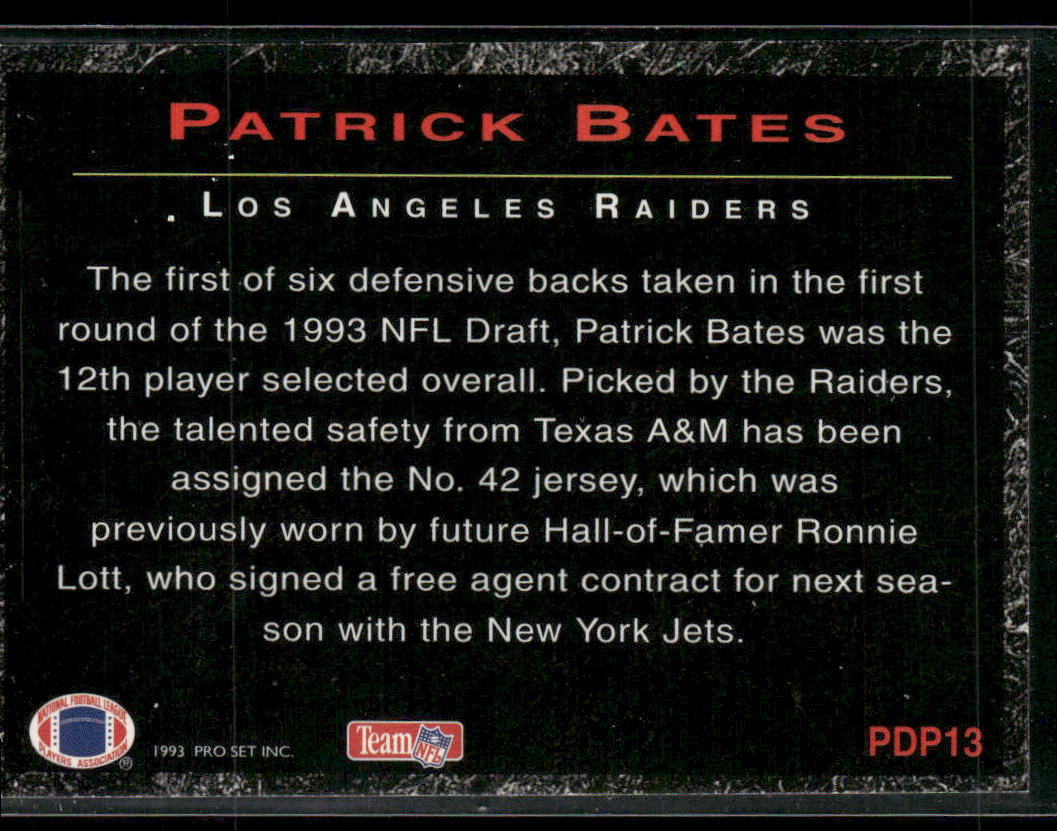 Patrick Bates 1993 Pro Set Power Draft Picks #PDP13 Los Angeles Raiders