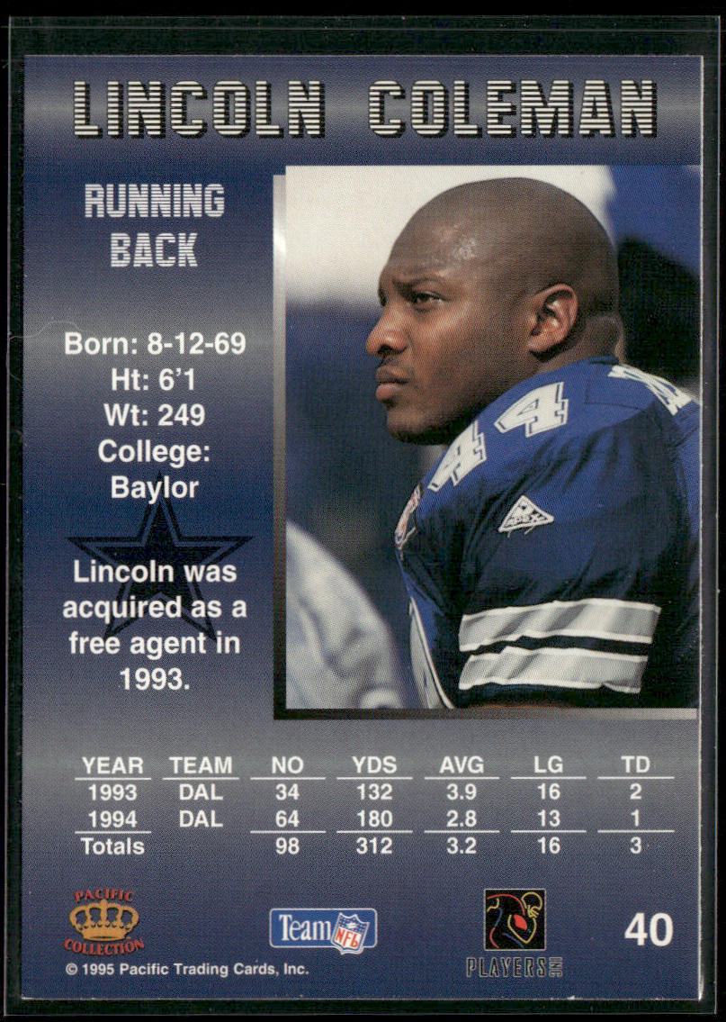 Lincoln Coleman 1995 Pacific #40 Dallas Cowboys