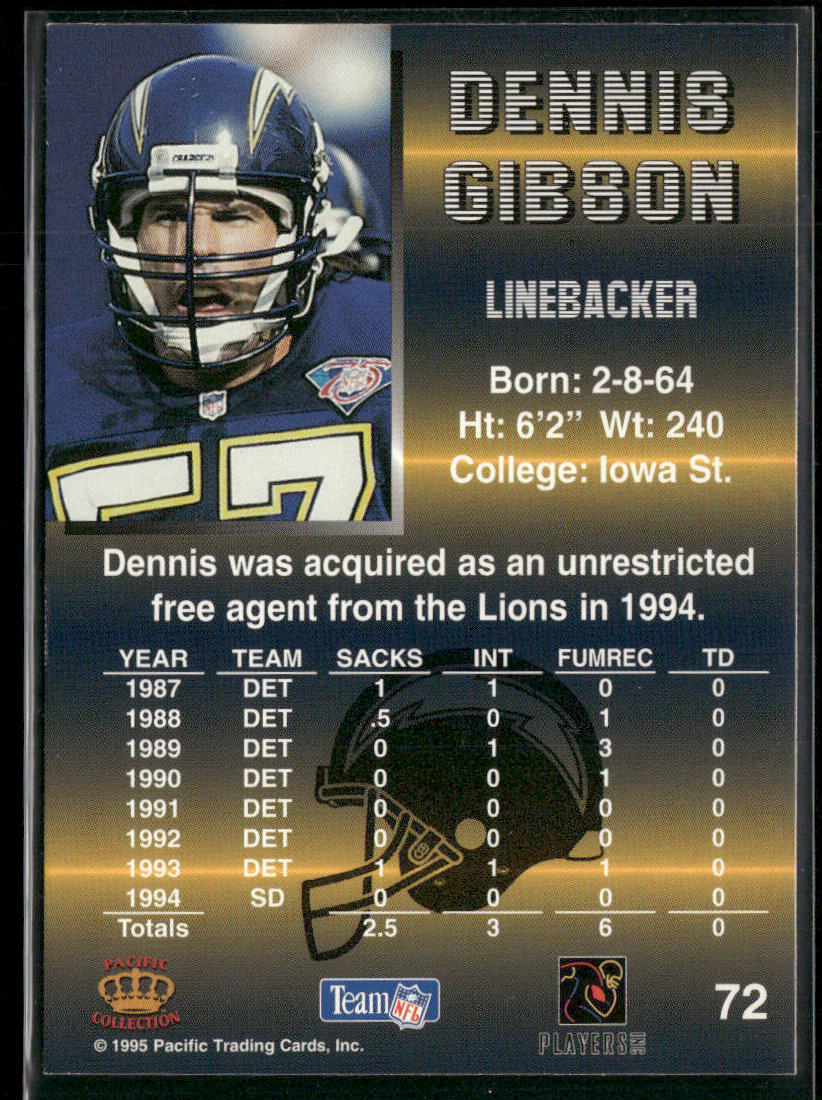 Dennis Gibson 1995 Pacific #72 San Diego Chargers