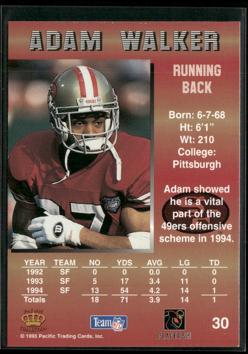 Adam Walker 1995 Pacific #30 RC San Francisco 49ers