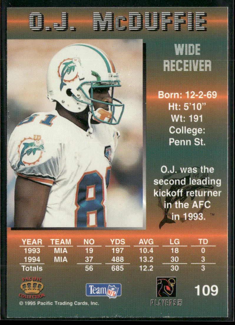 O.J. McDuffie 1995 Pacific #109 Miami Dolphins back