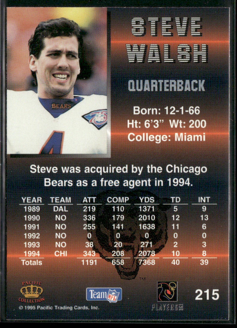 Steve Walsh 1995 Pacific #215 Chicago Bears back