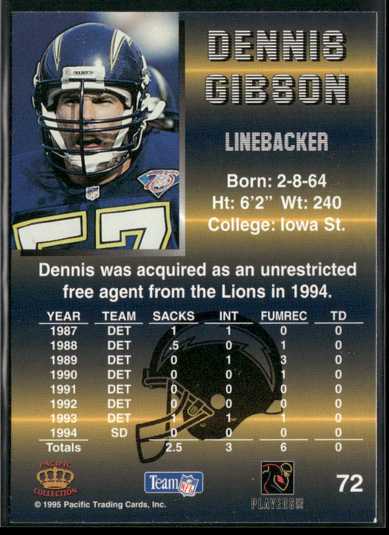 Dennis Gibson 1995 Pacific #72 San Diego Chargers back